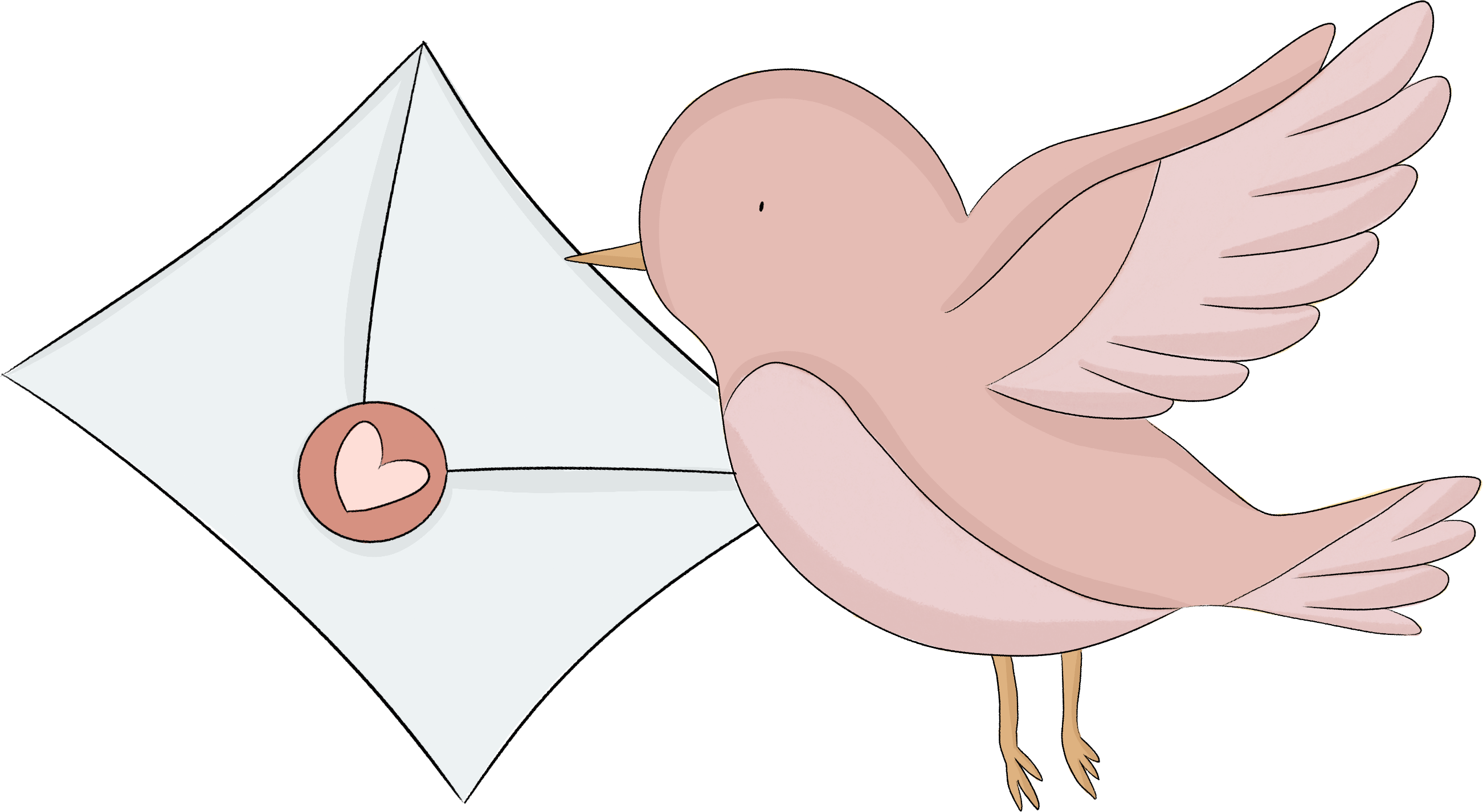 A pink bird flies in the air, holding a letter. Clicking it will take you to the contacts page.